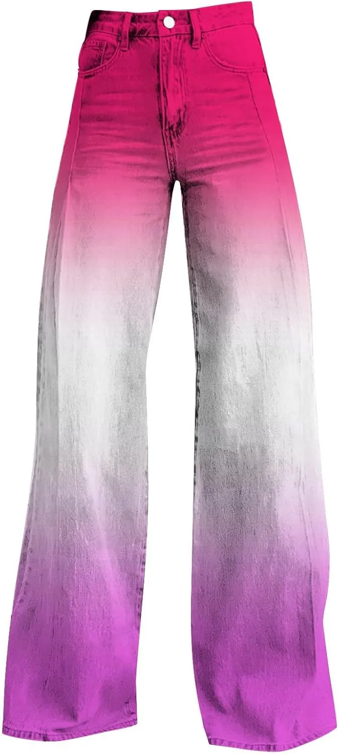 Flare Jeans for Women Wide Leg Jeans Woman Vintage Floral Print High Waisted Straight Stretch Pants with Pockets