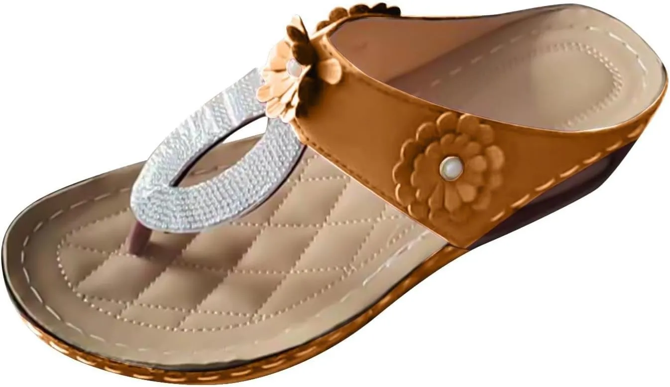 Flip Flops for Women Orthopedic Arch Support Sandals Wide Width Flat Slides Rhinestone Sandals Womens Summer Comfortable Beach Walking Shoes