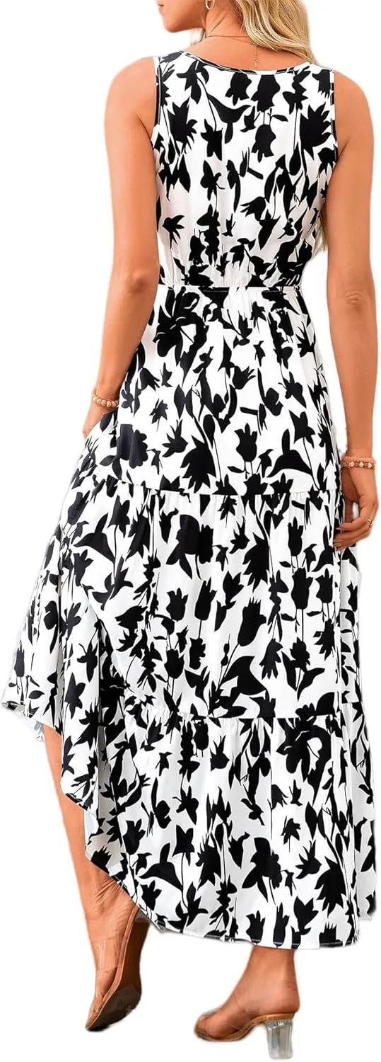 Floral Dress for Women 2025 Sleeveless V Neck Maxi Dresses Tunic A line Flowy Swing Dresses Ruffle Hem Boho Dress