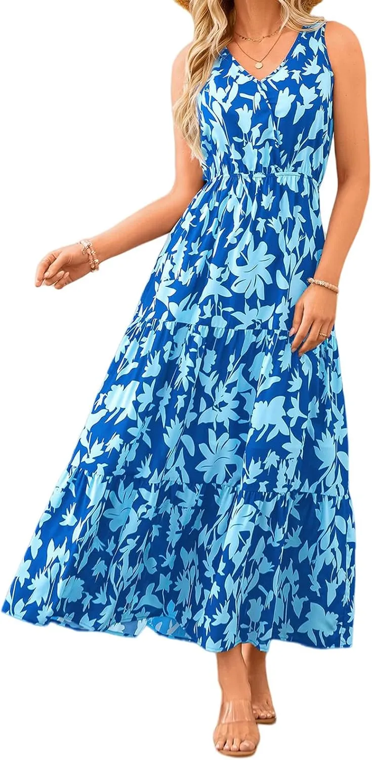 Floral Dress for Women 2025 Sleeveless V Neck Maxi Dresses Tunic A line Flowy Swing Dresses Ruffle Hem Boho Dress