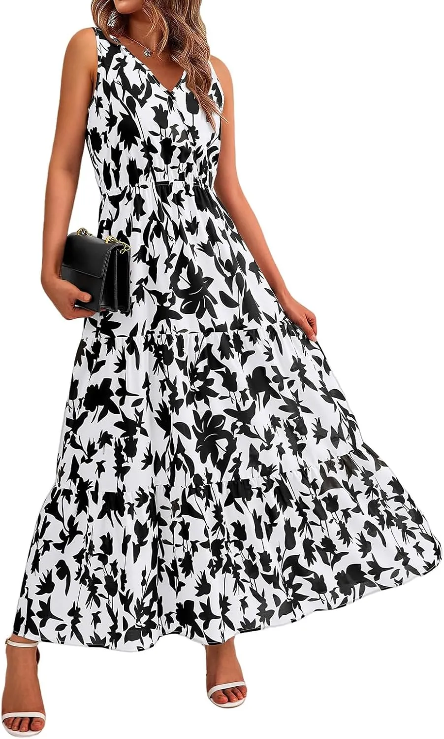 Floral Dress for Women 2025 Sleeveless V Neck Maxi Dresses Tunic A line Flowy Swing Dresses Ruffle Hem Boho Dress