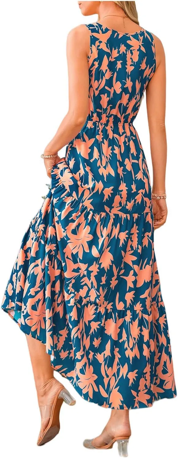 Floral Dress for Women 2025 Sleeveless V Neck Maxi Dresses Tunic A line Flowy Swing Dresses Ruffle Hem Boho Dress
