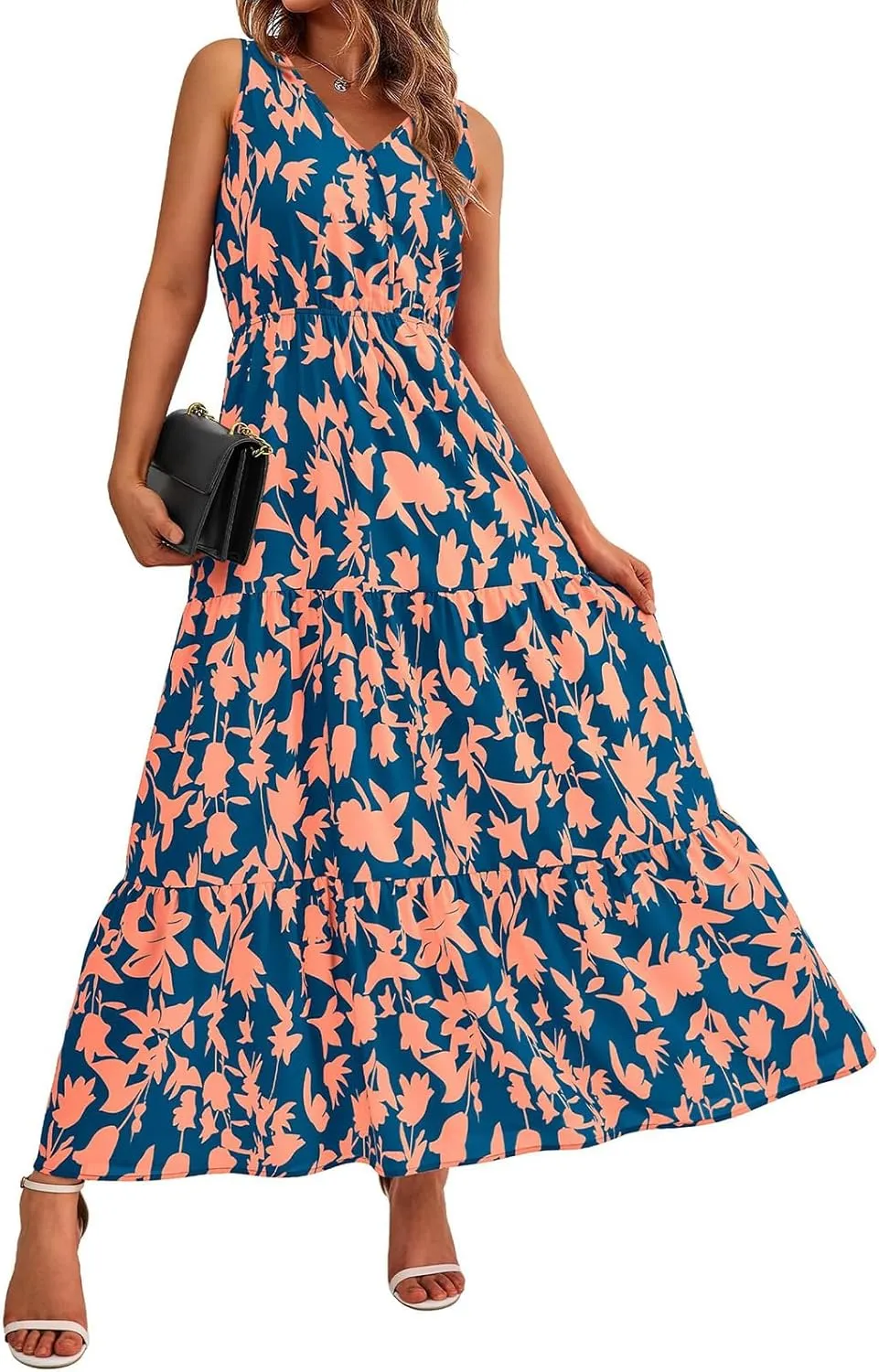 Floral Dress for Women 2025 Sleeveless V Neck Maxi Dresses Tunic A line Flowy Swing Dresses Ruffle Hem Boho Dress