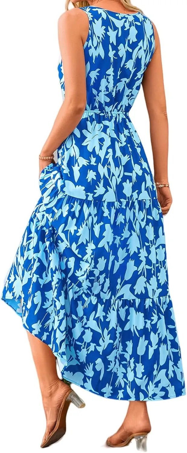 Floral Dress for Women 2025 Sleeveless V Neck Maxi Dresses Tunic A line Flowy Swing Dresses Ruffle Hem Boho Dress