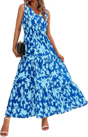 Floral Dress for Women 2025 Sleeveless V Neck Maxi Dresses Tunic A line Flowy Swing Dresses Ruffle Hem Boho Dress