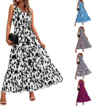 Floral Dress for Women 2025 Sleeveless V Neck Maxi Dresses Tunic A line Flowy Swing Dresses Ruffle Hem Boho Dress