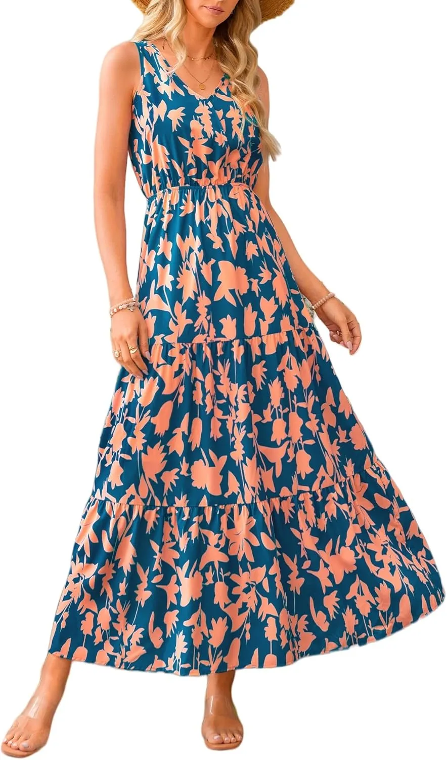 Floral Dress for Women 2025 Sleeveless V Neck Maxi Dresses Tunic A line Flowy Swing Dresses Ruffle Hem Boho Dress