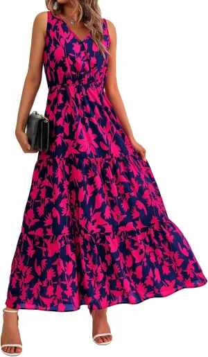 Floral Dress for Women 2025 Sleeveless V Neck Maxi Dresses Tunic A line Flowy Swing Dresses Ruffle Hem Boho Dress