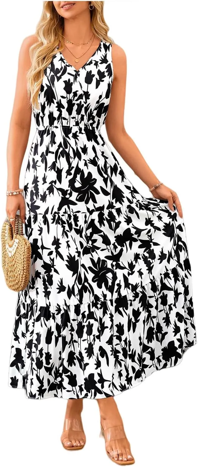 Floral Dress for Women 2025 Sleeveless V Neck Maxi Dresses Tunic A line Flowy Swing Dresses Ruffle Hem Boho Dress