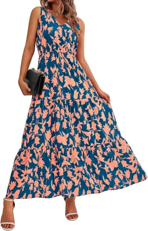 Floral Dress for Women 2025 Sleeveless V Neck Maxi Dresses Tunic A line Flowy Swing Dresses Ruffle Hem Boho Dress