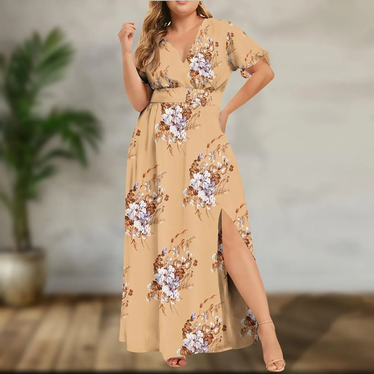 Floral Maxi Dresses for Women 2025 Summer Casual Plus Size V Neck Flowy Long Dress Baggy Comfy Beach Vacation Sundress