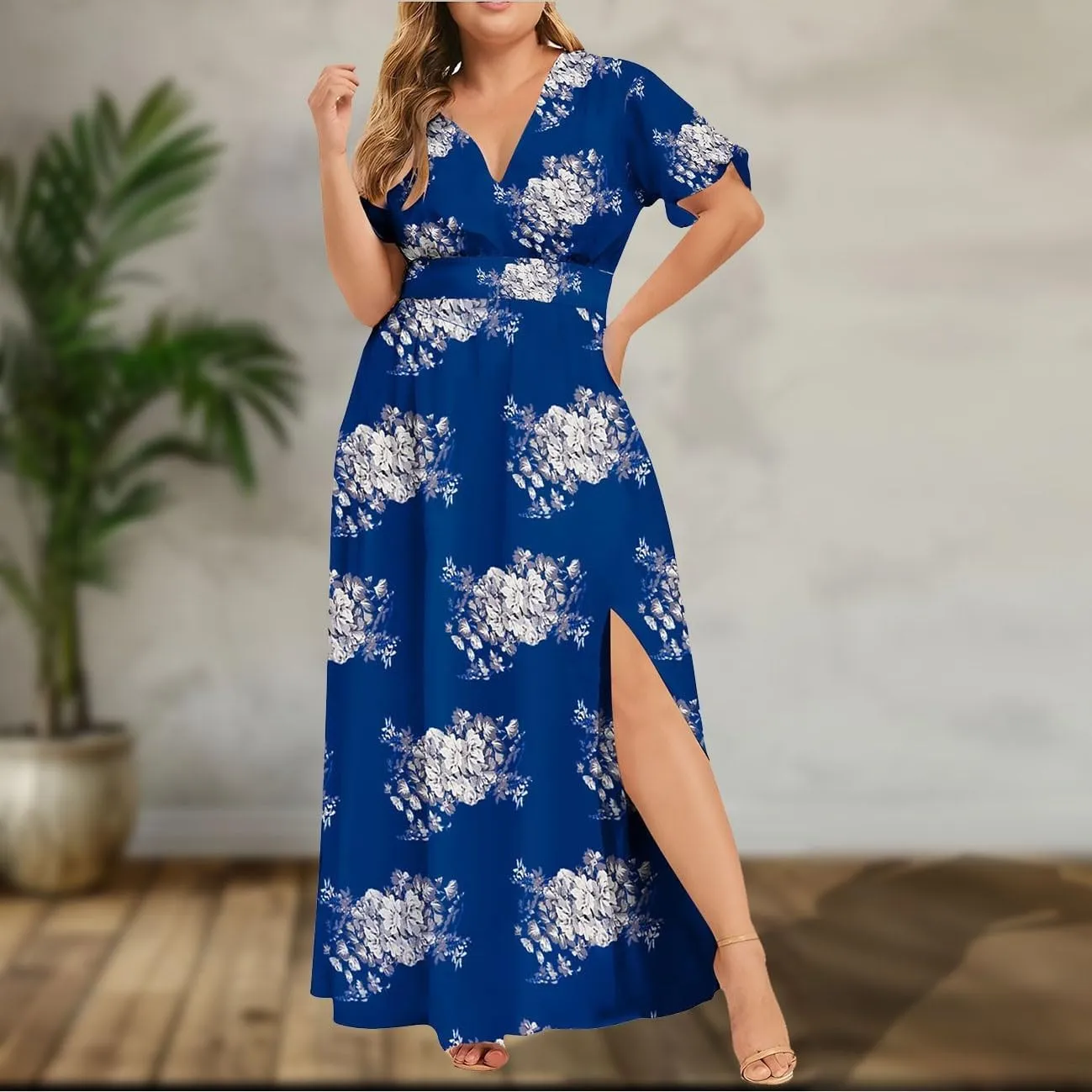 Floral Maxi Dresses for Women 2025 Summer Casual Plus Size V Neck Flowy Long Dress Baggy Comfy Beach Vacation Sundress