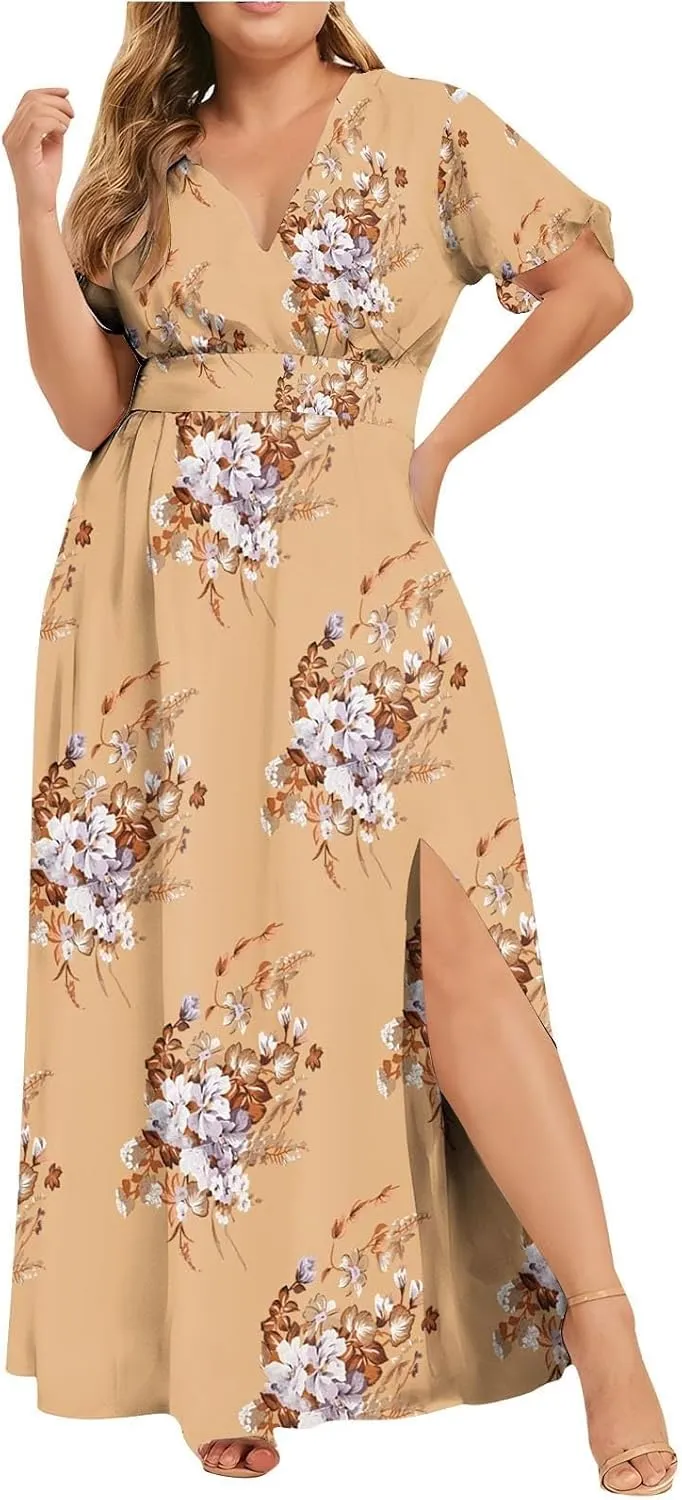 Floral Maxi Dresses for Women 2025 Summer Casual Plus Size V Neck Flowy Long Dress Baggy Comfy Beach Vacation Sundress