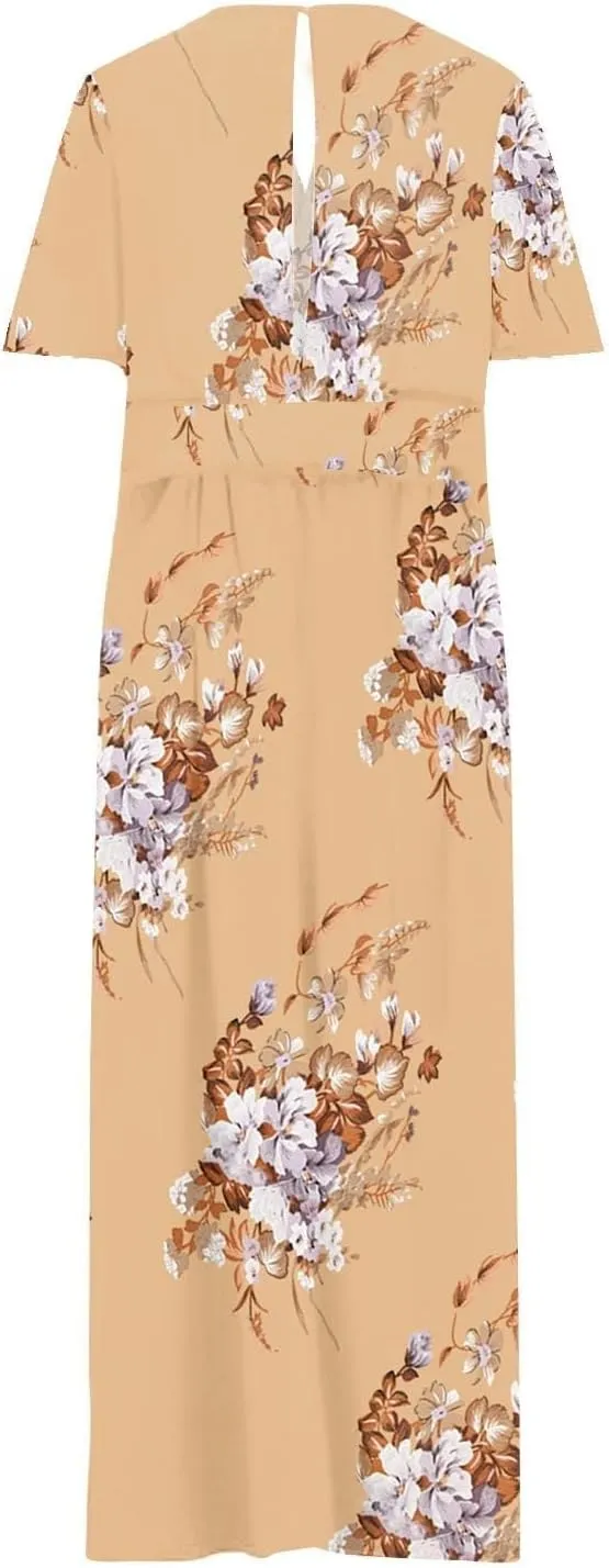 Floral Maxi Dresses for Women 2025 Summer Casual Plus Size V Neck Flowy Long Dress Baggy Comfy Beach Vacation Sundress