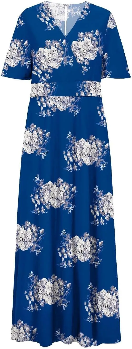 Floral Maxi Dresses for Women 2025 Summer Casual Plus Size V Neck Flowy Long Dress Baggy Comfy Beach Vacation Sundress