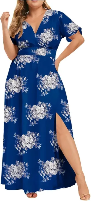 Floral Maxi Dresses for Women 2025 Summer Casual Plus Size V Neck Flowy Long Dress Baggy Comfy Beach Vacation Sundress