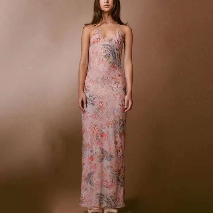 Floral Print Halter Dress with Butterfly Back – Spring/Summer