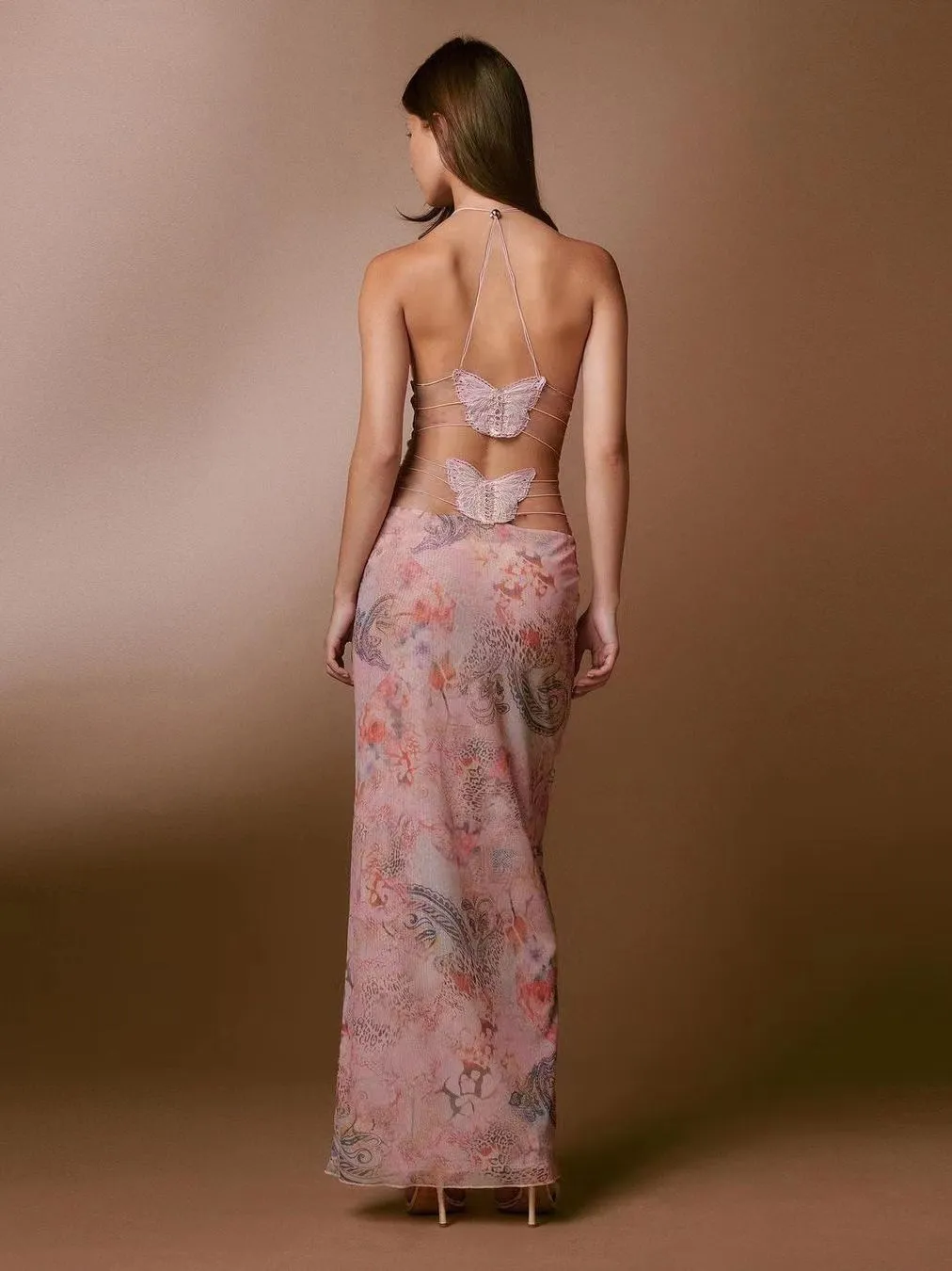 Floral Print Halter Dress with Butterfly Back – Spring/Summer