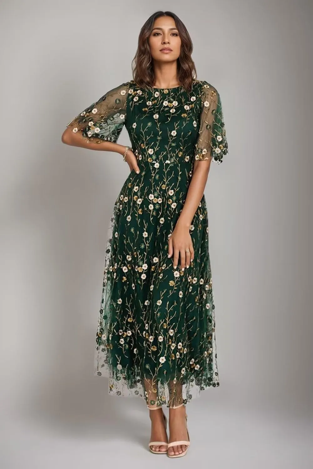 Flower Embroidery Tea Length Mother of The Bride Dresses Short Sleeves A-Line Formal Gowns for Prom Wedding Party DR0590