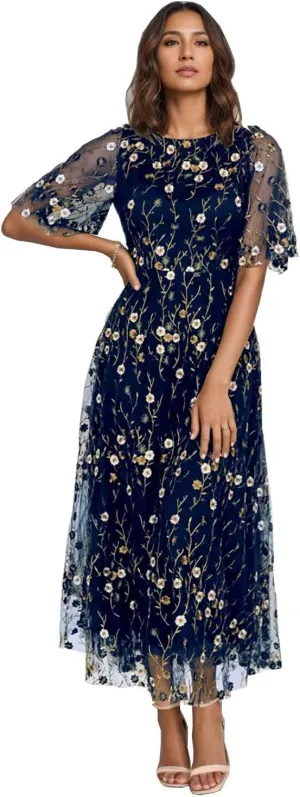 Flower Embroidery Tea Length Mother of The Bride Dresses Short Sleeves A-Line Formal Gowns for Prom Wedding Party DR0590