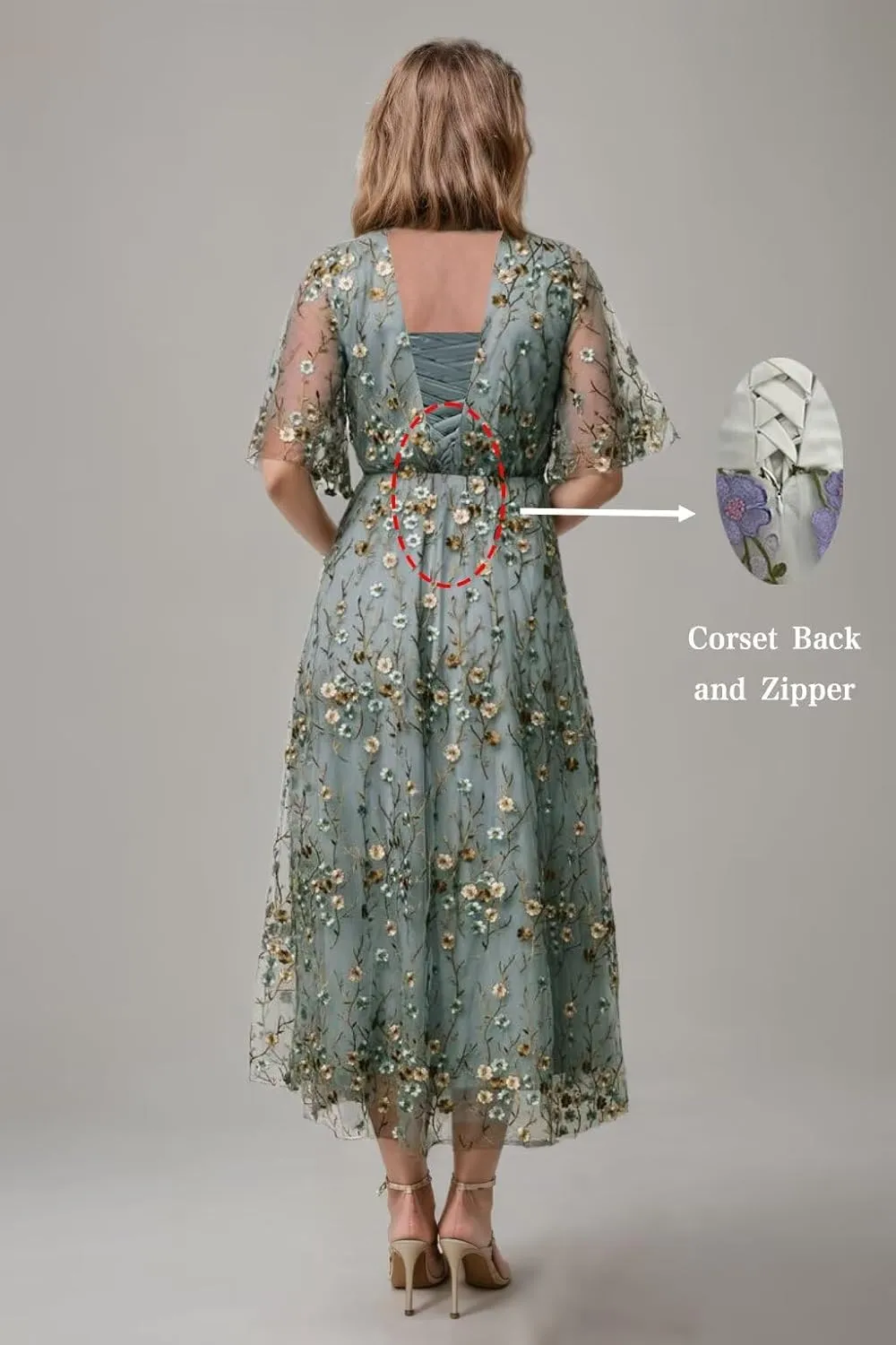 Flower Embroidery Tea Length Mother of The Bride Dresses Short Sleeves A-Line Formal Gowns for Prom Wedding Party DR0590