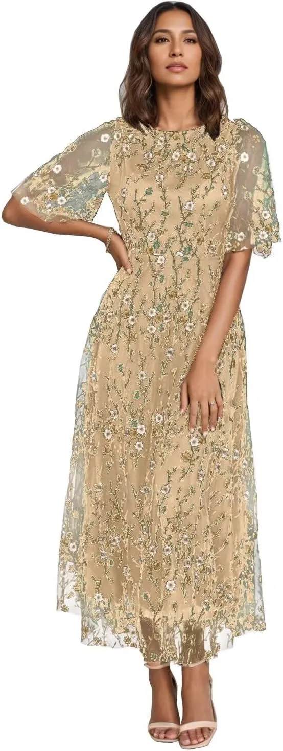 Flower Embroidery Tea Length Mother of The Bride Dresses Short Sleeves A-Line Formal Gowns for Prom Wedding Party DR0590