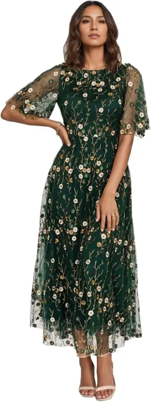 Flower Embroidery Tea Length Mother of The Bride Dresses Short Sleeves A-Line Formal Gowns for Prom Wedding Party DR0590