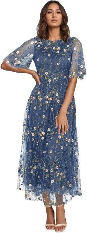 Flower Embroidery Tea Length Mother of The Bride Dresses Short Sleeves A-Line Formal Gowns for Prom Wedding Party DR0590