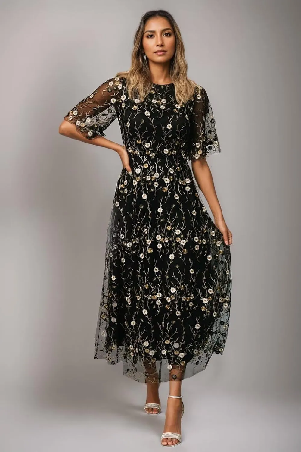 Flower Embroidery Tea Length Mother of The Bride Dresses Short Sleeves A-Line Formal Gowns for Prom Wedding Party DR0590