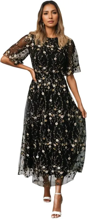 Flower Embroidery Tea Length Mother of The Bride Dresses Short Sleeves A-Line Formal Gowns for Prom Wedding Party DR0590
