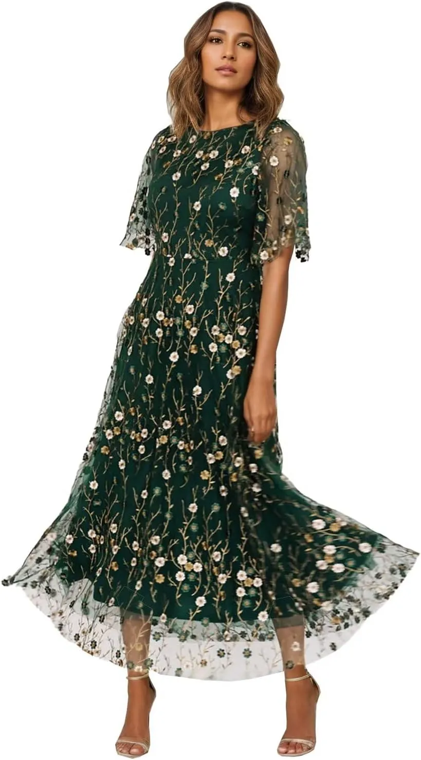 Flower Embroidery Tea Length Mother of The Bride Dresses Short Sleeves A-Line Formal Gowns for Prom Wedding Party DR0590