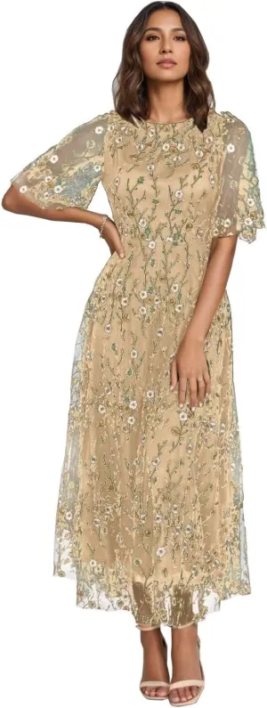 Flower Embroidery Tea Length Mother of The Bride Dresses Short Sleeves A-Line Formal Gowns for Prom Wedding Party DR0590