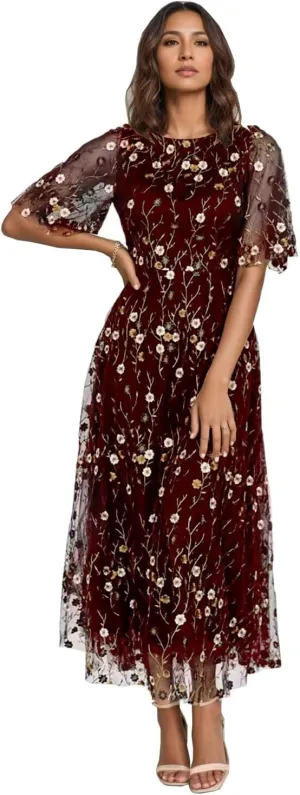 Flower Embroidery Tea Length Mother of The Bride Dresses Short Sleeves A-Line Formal Gowns for Prom Wedding Party DR0590