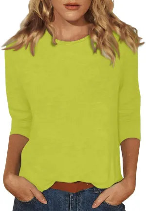 FONMA 3/4 Sleeve Tops for Women Casual Solid/Floral Printed Crewneck T Shirt Loose Fit Three Quarter Length Tunic Top Blouse