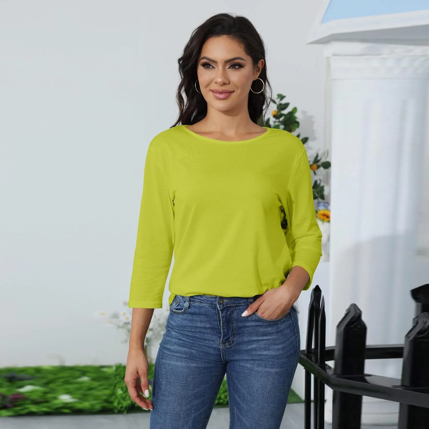 FONMA 3/4 Sleeve Tops for Women Casual Solid/Floral Printed Crewneck T Shirt Loose Fit Three Quarter Length Tunic Top Blouse