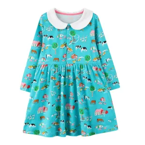 Full Sleeve Beautiful Colourful Theme Girls Dress, Blue