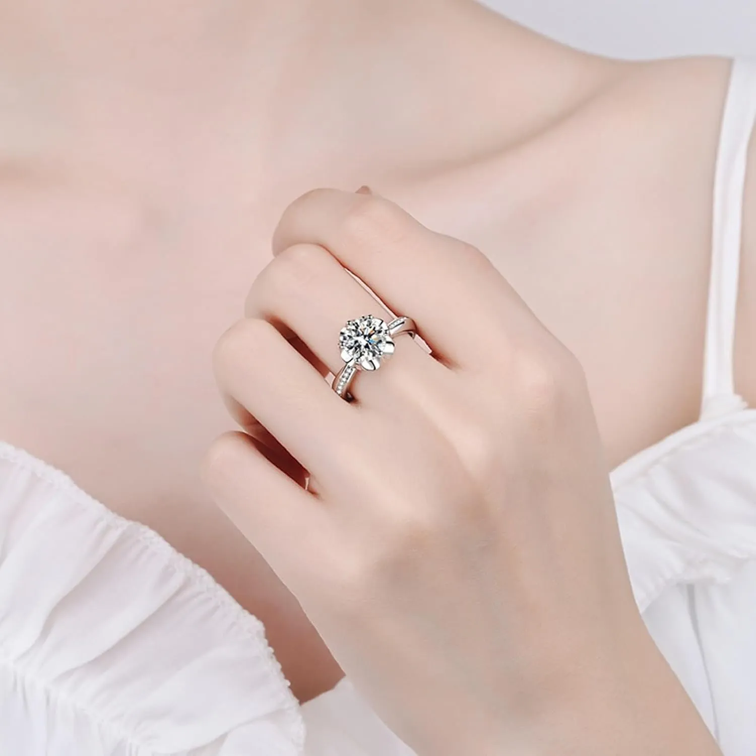 Funny Engagement Ring, Stacked Rings for Women Flower White Gold with Cubic Zirconia 925 Sterling Silver