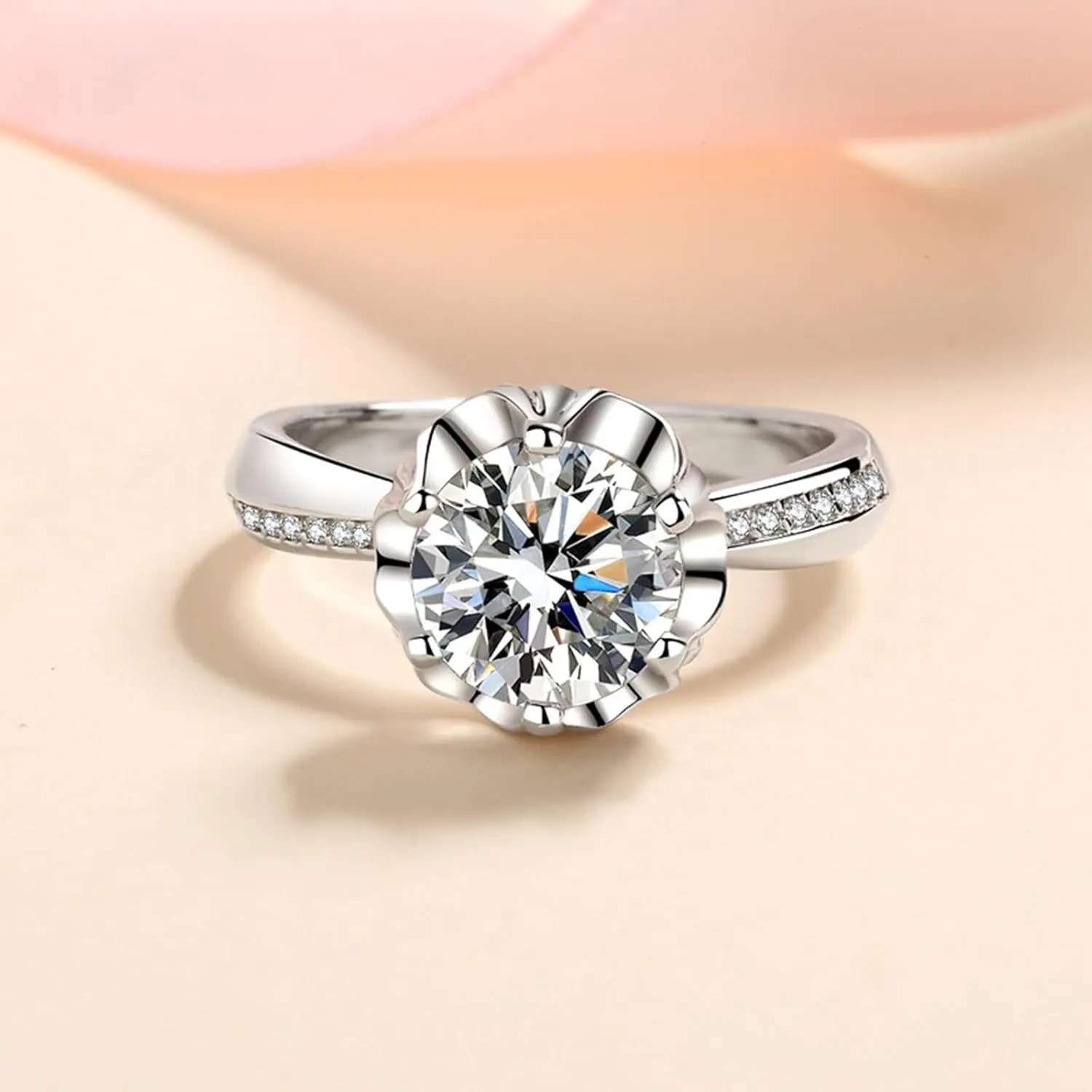Funny Engagement Ring, Stacked Rings for Women Flower White Gold with Cubic Zirconia 925 Sterling Silver