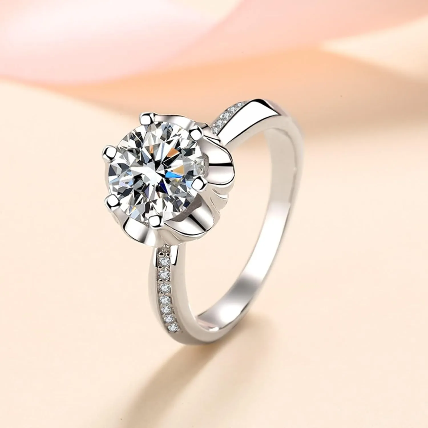 Funny Engagement Ring, Stacked Rings for Women Flower White Gold with Cubic Zirconia 925 Sterling Silver
