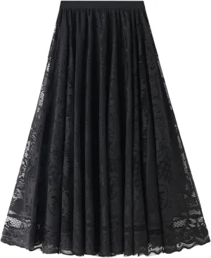 FZYLQY 2025 Womens Lace Tulle Skirt Elastic High Waist A-line Skirts Mesh Layered Fairy Skirt Pleated Tutu Midi Skirts