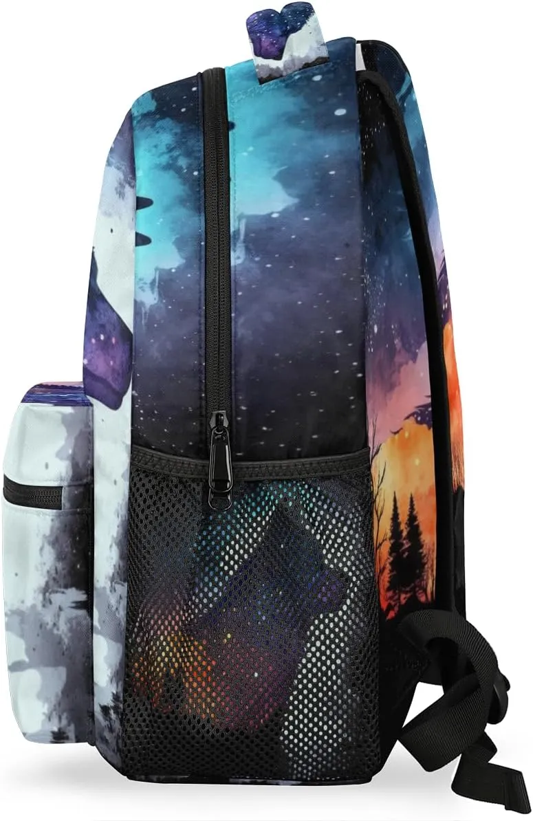 Galaxy Wolf Backpack for Girls Boys Kids Forest Wolf 16inch Laptop Backpacks Lightweight Waterproof School Bookbag Travel Daypack Computer College Bag Gym Rucksack for Work School Women Men