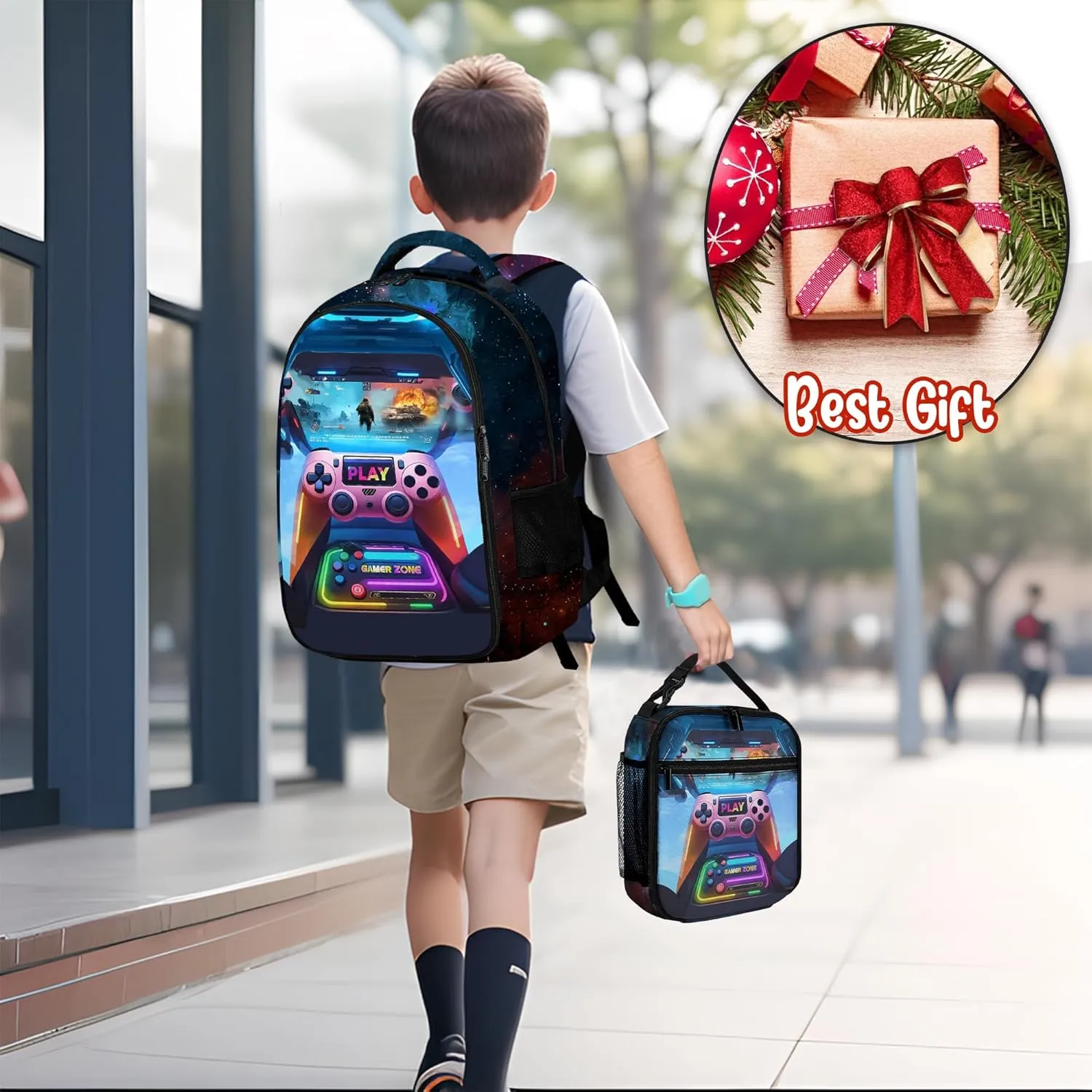 Game Backpack Set for Boys, Gaming Backpack 3 Pack, Boy Backpack Lunch Box, and Pencil Bag for Kids Teens Elementary Middle School Large Capacity Game School Bag 17" Travel Back Pack