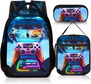 Game Backpack Set for Boys, Gaming Backpack 3 Pack, Boy Backpack Lunch Box, and Pencil Bag for Kids Teens Elementary Middle School Large Capacity Game School Bag 17" Travel Back Pack