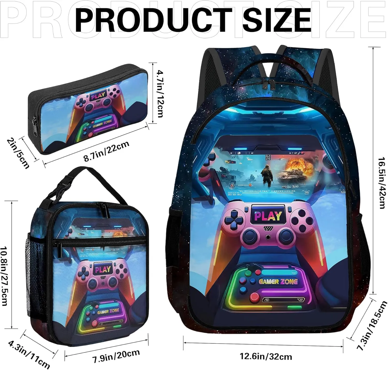 Game Backpack Set for Boys, Gaming Backpack 3 Pack, Boy Backpack Lunch Box, and Pencil Bag for Kids Teens Elementary Middle School Large Capacity Game School Bag 17" Travel Back Pack