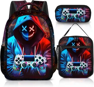 Game Backpack Set for Boys, Gaming Backpack 3 Pack, Boy Backpack Lunch Box, and Pencil Bag for Kids Teens Elementary Middle School Large Capacity Game School Bag 17" Travel Back Pack