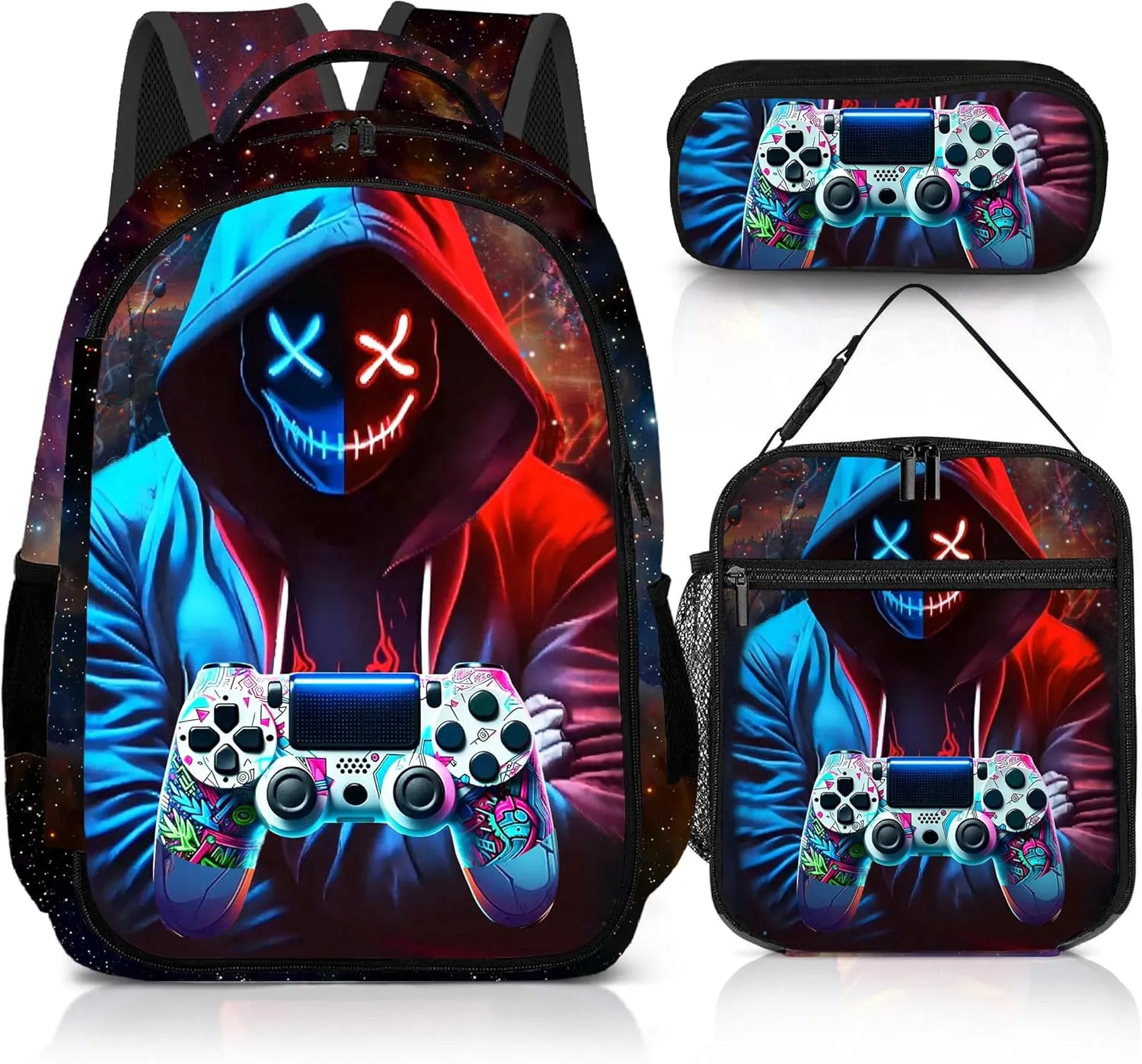 Game Backpack Set for Boys, Gaming Backpack 3 Pack, Boy Backpack Lunch Box, and Pencil Bag for Kids Teens Elementary Middle School Large Capacity Game School Bag 17" Travel Back Pack