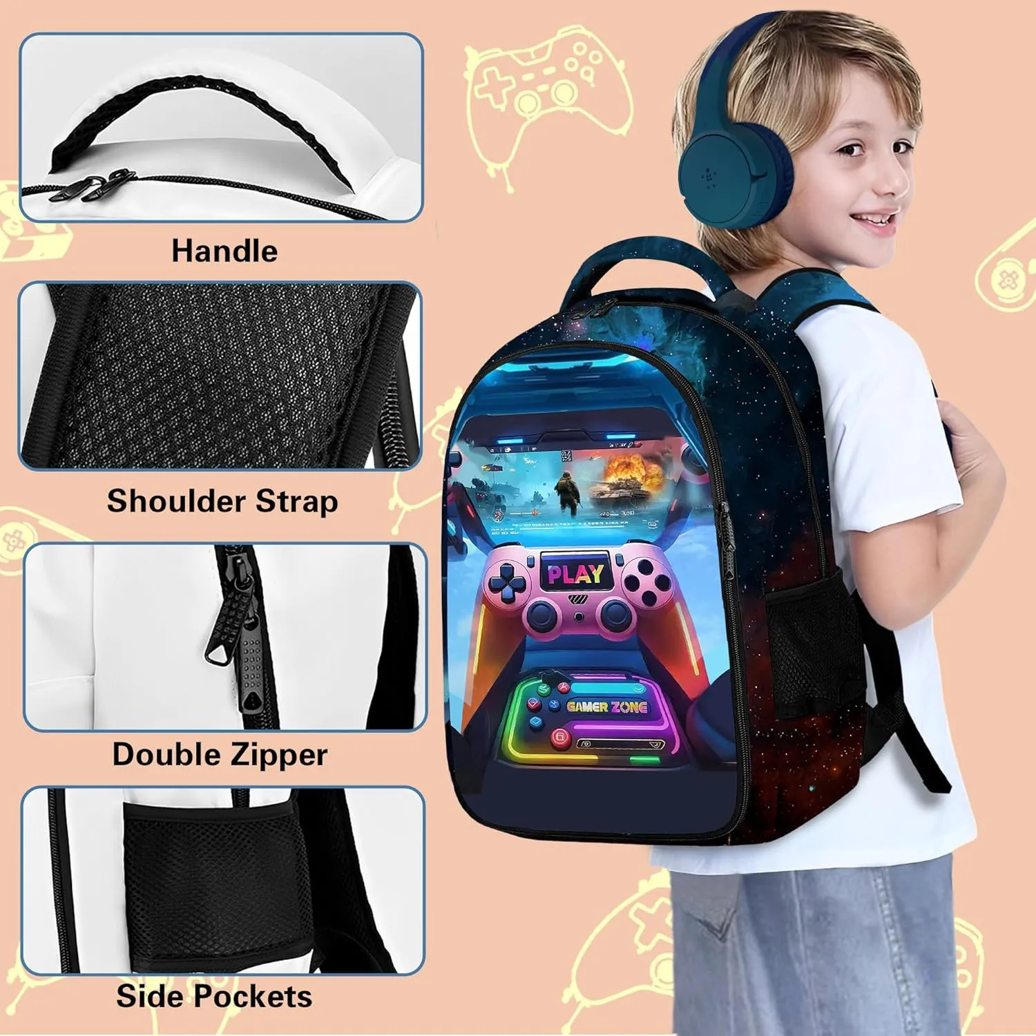 Game Backpack Set for Boys, Gaming Backpack 3 Pack, Boy Backpack Lunch Box, and Pencil Bag for Kids Teens Elementary Middle School Large Capacity Game School Bag 17" Travel Back Pack