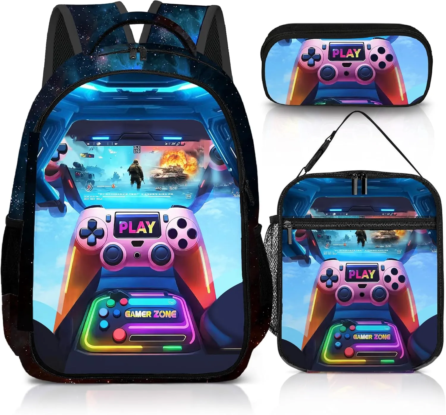 Game Backpack Set for Boys, Gaming Backpack 3 Pack, Boy Backpack Lunch Box, and Pencil Bag for Kids Teens Elementary Middle School Large Capacity Game School Bag 17" Travel Back Pack