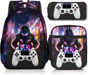 Game Backpack Set for Boys, Gaming Backpack 3 Pack, Boy Backpack Lunch Box, and Pencil Bag for Kids Teens Elementary Middle School Large Capacity Game School Bag 17" Travel Back Pack