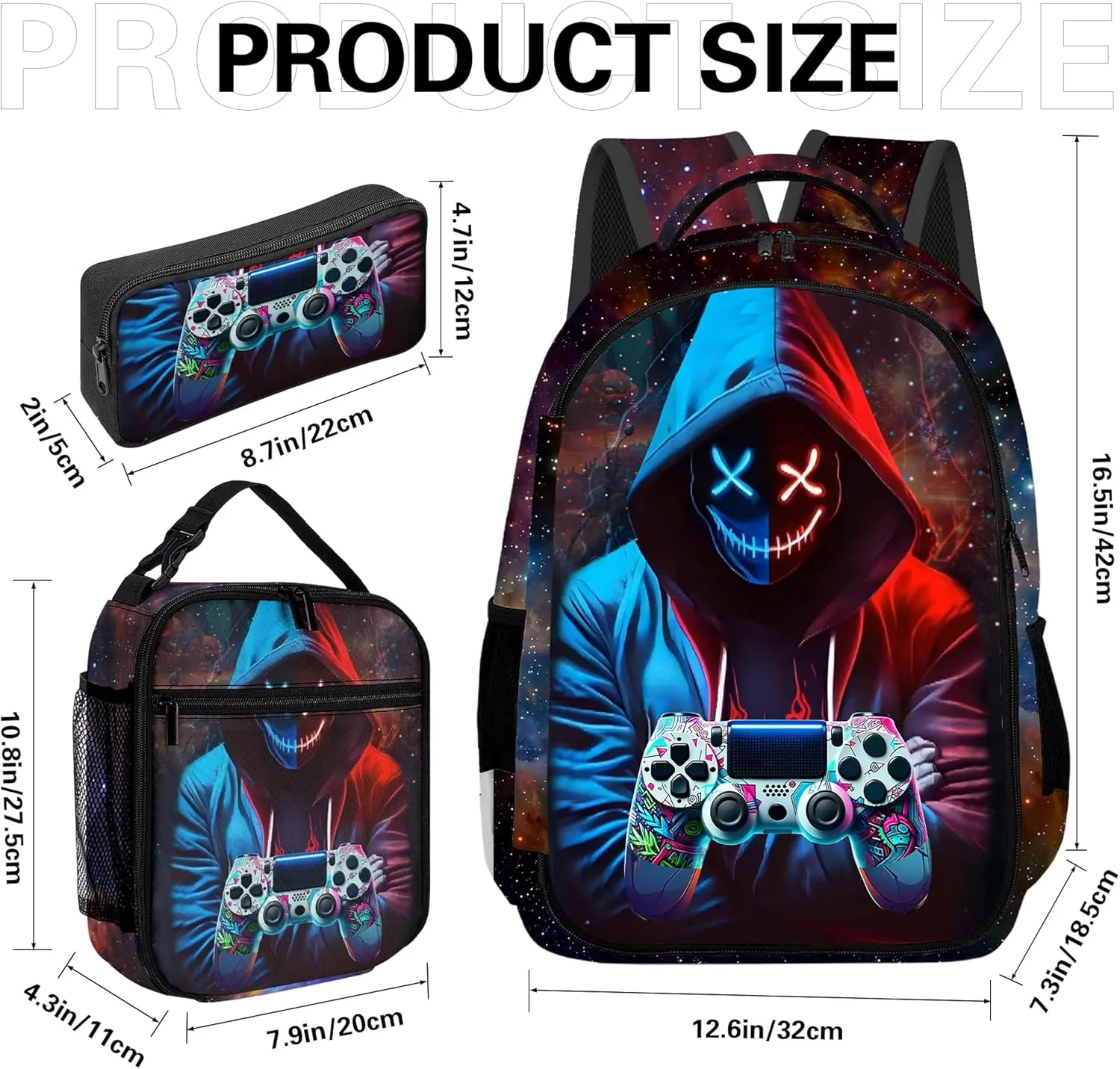 Game Backpack Set for Boys, Gaming Backpack 3 Pack, Boy Backpack Lunch Box, and Pencil Bag for Kids Teens Elementary Middle School Large Capacity Game School Bag 17" Travel Back Pack